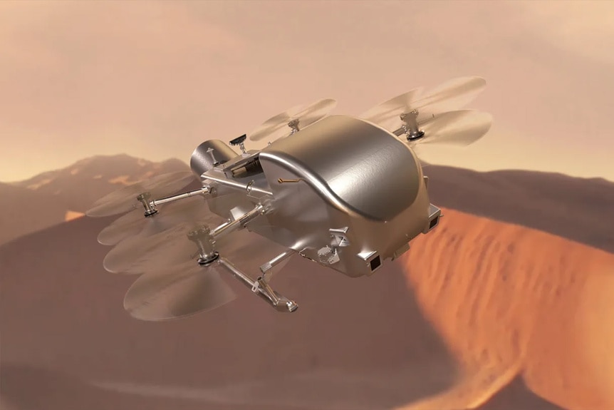 Artist’s concept of Dragonfly flying over Saturn’s moon Titan.